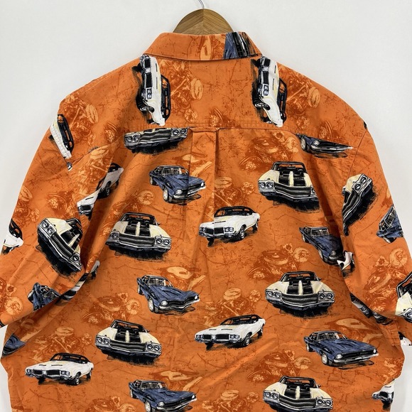 RedHead Short Sleeve Button Shirt Men's 2XL Orange Classic Cars Hawaiian Vtg - Picture 7 of 9